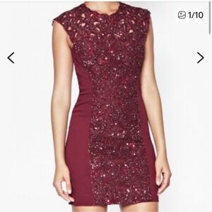 French Connection Burgundy Sequin Lace Bodycon Mini Dress